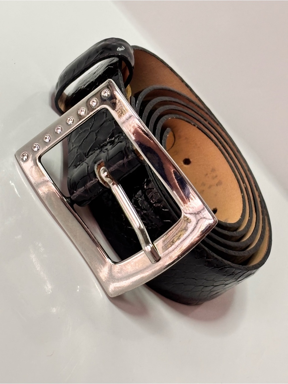 Canterbury golf GENUINE black CROCODILE BELT, SILVER rhinestones BUCKLE.
